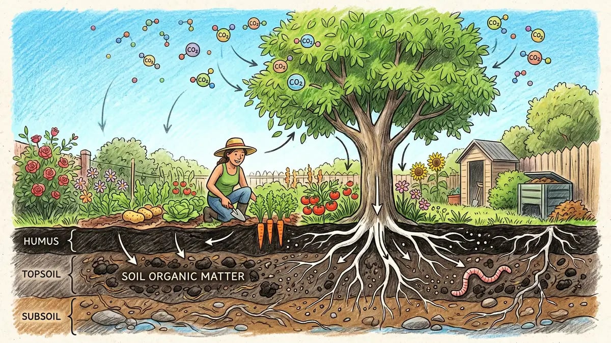 Illustration showing carbon moving from atmosphere to soil through a backyard garden via tree photosynthesis, root exudates, and soil organic matter storage