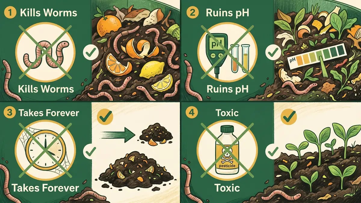 Four citrus composting myths debunked: kills worms, ruins pH, takes forever, toxic - all crossed out with green checkmarks beside the truth