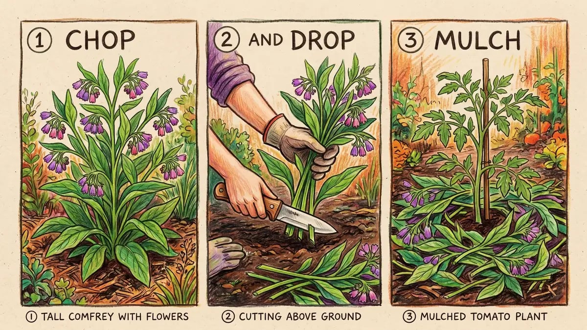 Three-step illustration of the chop-and-drop process: identifying a mature comfrey plant, cutting at ground level with a hori-hori knife, and spreading the cut leaves as mulch around a tomato plant