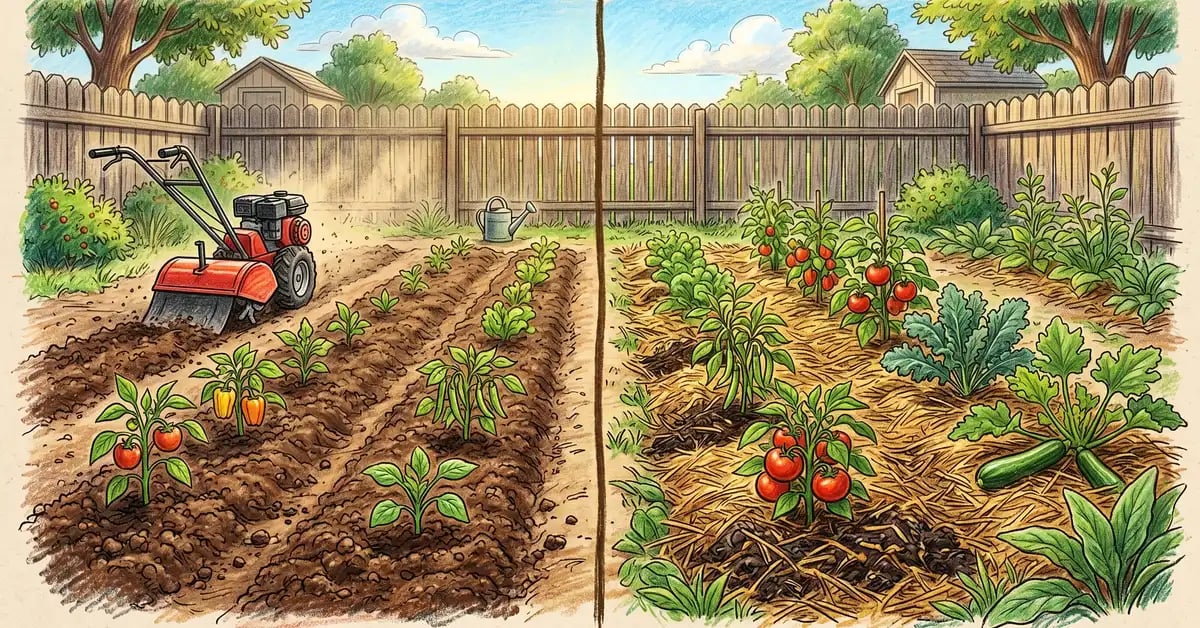 Split-screen illustration of a tilled garden with bare exposed soil and a rototiller versus a no-till garden with the same vegetables under a thick layer of straw and compost mulch
