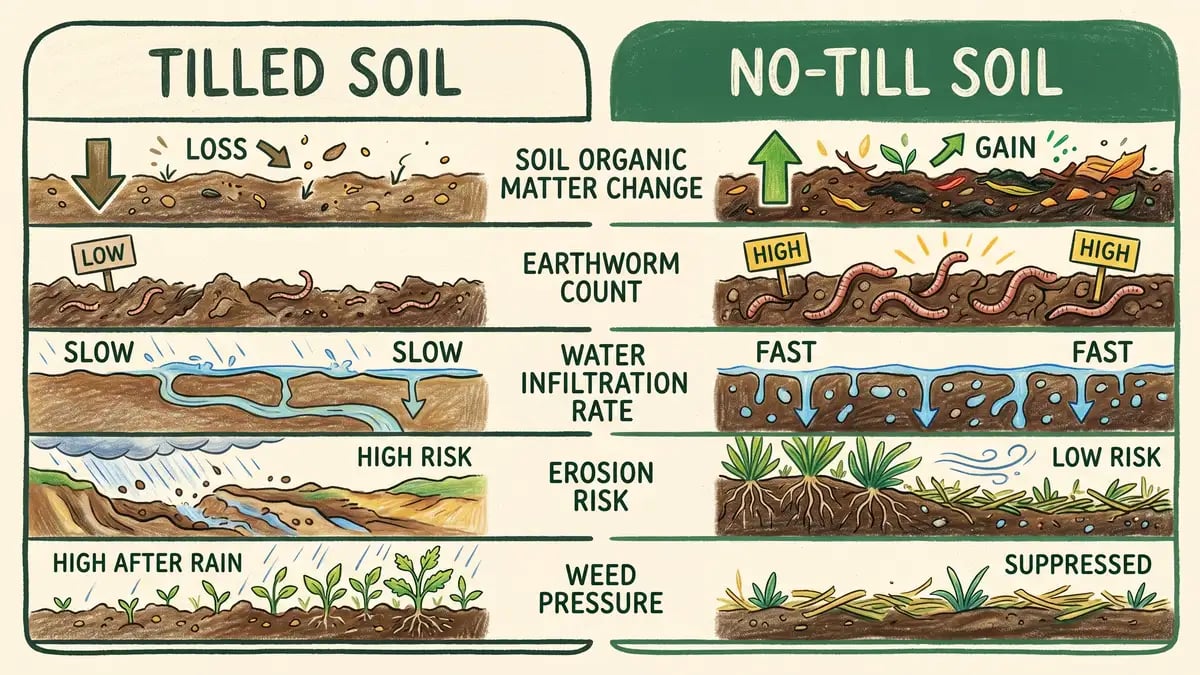 Infographic comparing tilled and no-till soil across five metrics including organic matter, earthworm count, water infiltration, erosion risk, and weed pressure