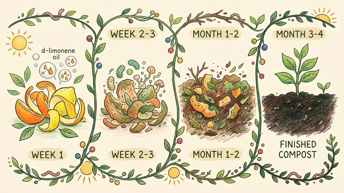 Infographic timeline of citrus composting showing four phases from fresh peels with d-limonene oil through finished compost