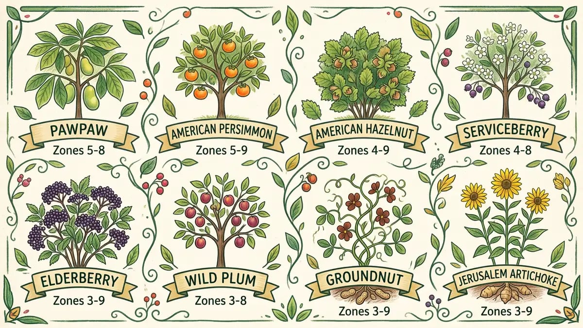 Infographic of the eight best native Midwest food forest species: pawpaw, American persimmon, American hazelnut, serviceberry, elderberry, wild plum, groundnut, Jerusalem artichoke
