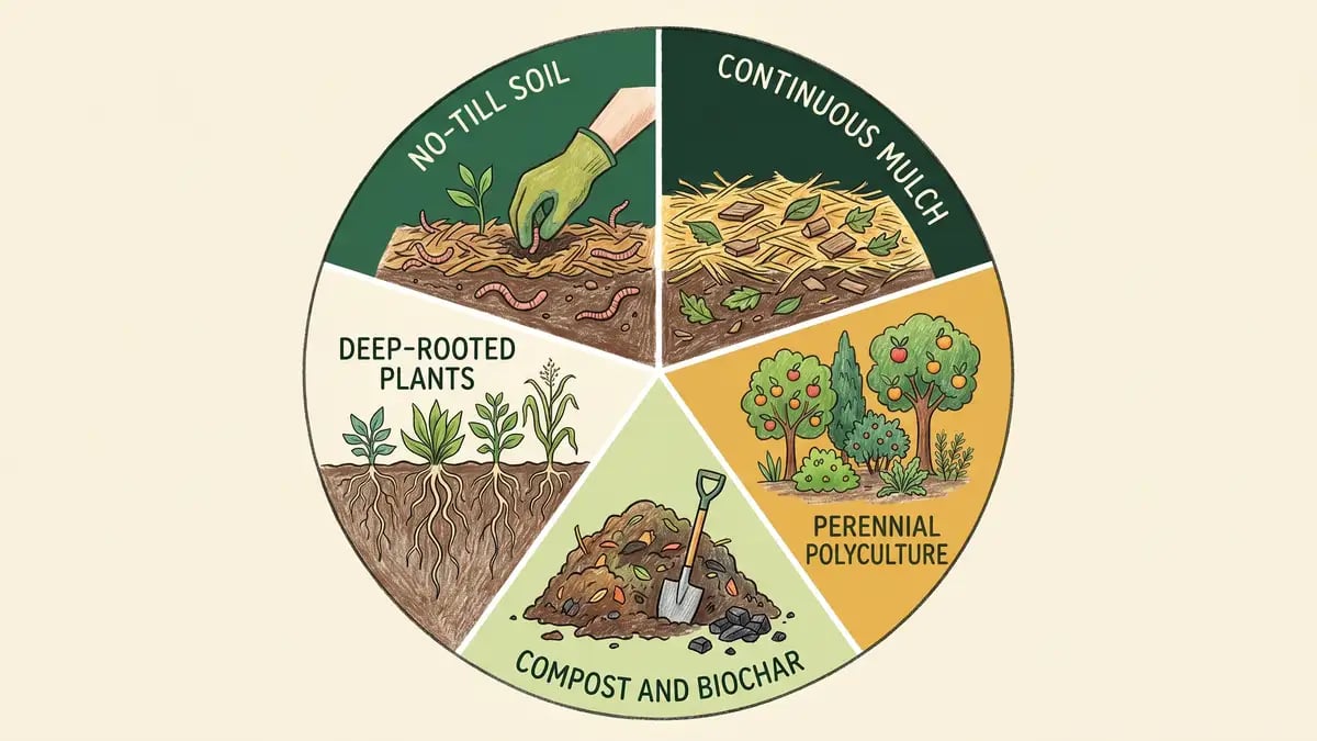 Infographic wheel showing the five backyard carbon farming practices: no-till, continuous mulch, perennial polyculture, compost and biochar, deep-rooted plants
