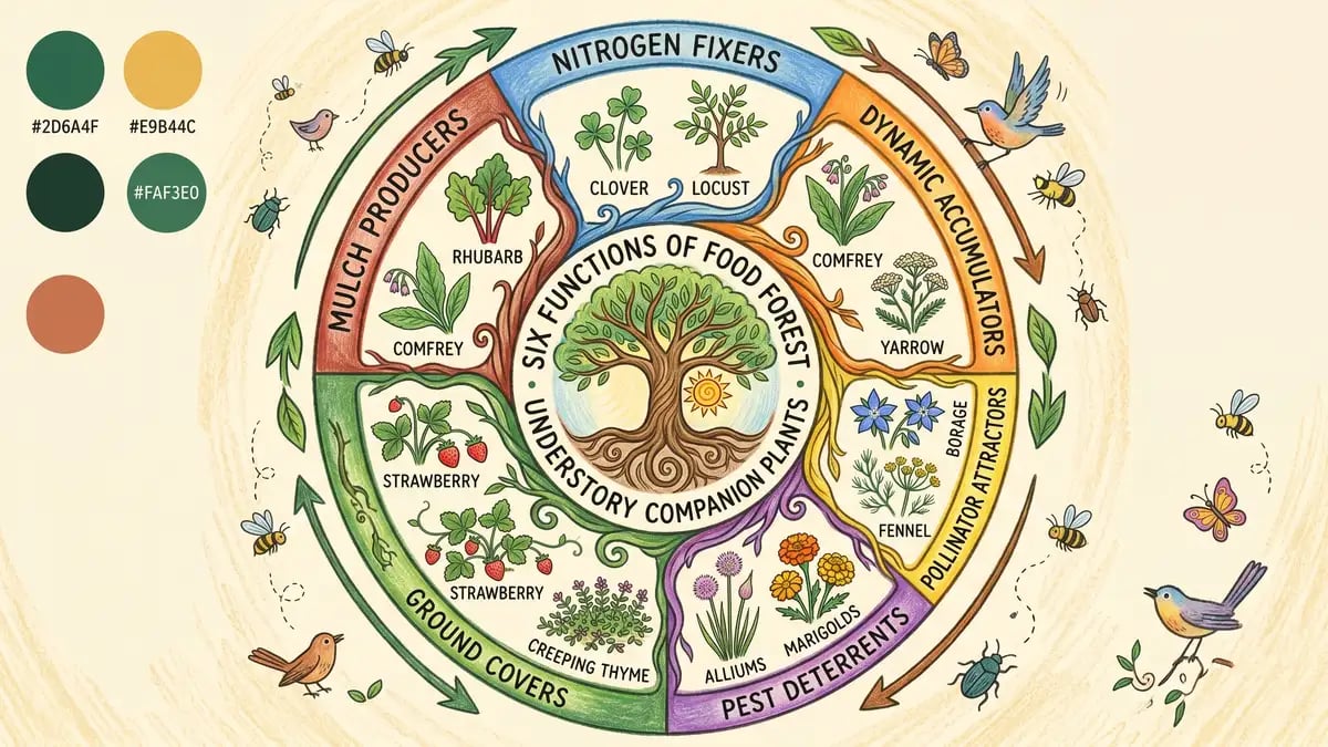 Infographic showing the six functions of food forest understory companion plants in a circular wheel