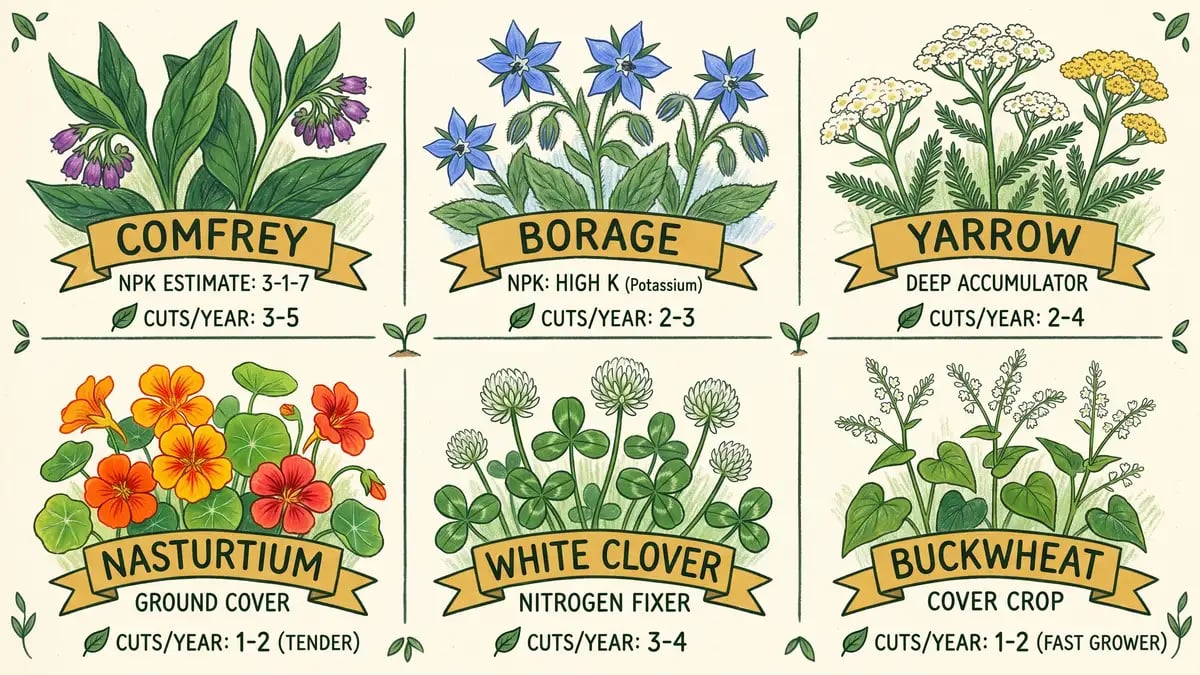 Infographic showing the top six chop-and-drop plants for US backyards: comfrey, borage, yarrow, nasturtium, white clover, and buckwheat