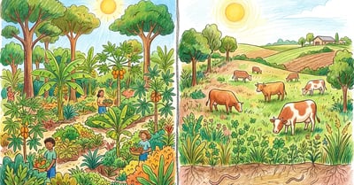 Pencil crayon split-screen illustration showing syntropic agroforestry food forest on the left and regenerative pasture with cattle on the right