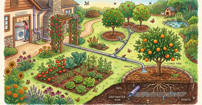 A permaculture backyard greywater system carrying laundry water to mulch basins around fruit trees
