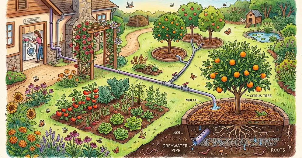 A permaculture backyard greywater system carrying laundry water to mulch basins around fruit trees