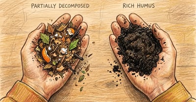 Side-by-side comparison illustration of two handfuls of soil with partially decomposed compost on the left and dark fine spongy humus on the right, pencil crayon illustration