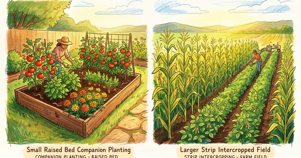 Side-by-side comparison of two backyard garden styles with a small companion planted raised bed of tomatoes, basil, marigolds, and carrots on the left and a larger strip intercropped field with alternating bands of corn and soybeans on the right
