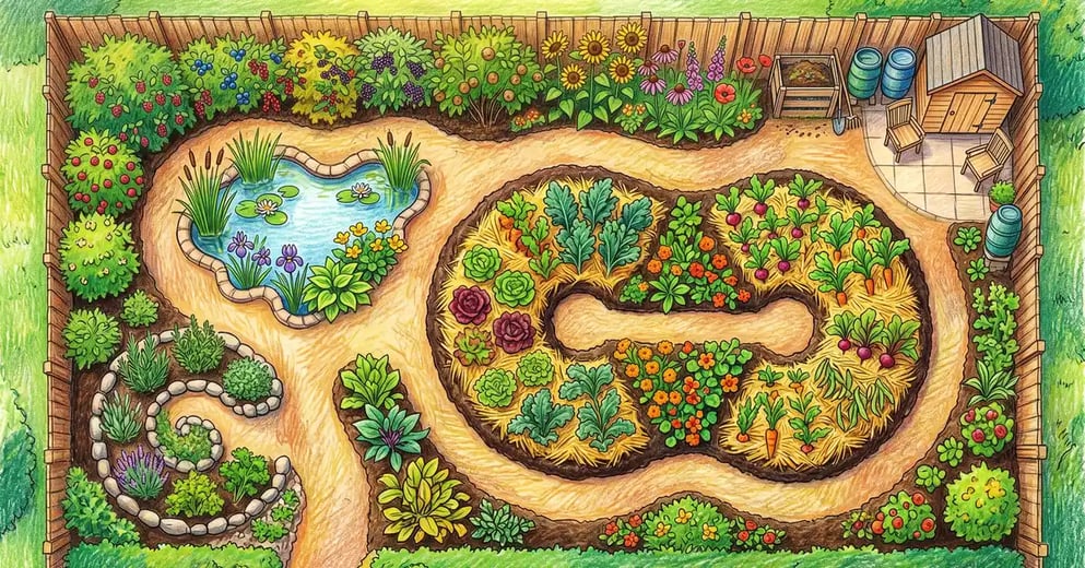 Top-down view of a backyard permaculture garden with curving keyhole beds, herb spiral, scalloped pond edges, and productive hedgerow along the fence, pencil crayon illustration