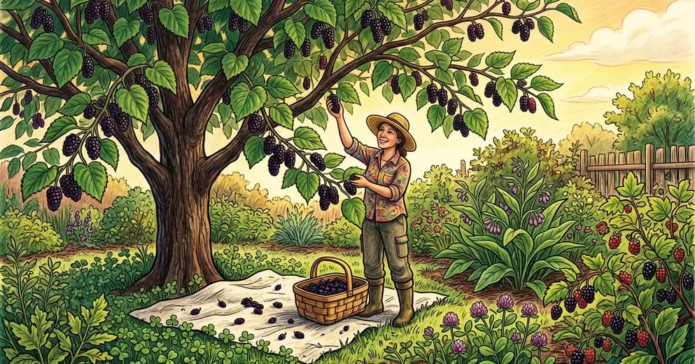 Pencil crayon illustration of a mature mulberry tree laden with ripe purple berries in a US backyard food forest with a Weekend Gardener harvesting