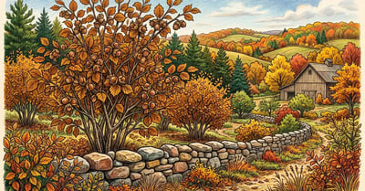 Pencil crayon illustration of a mature US hybrid hazelnut food forest in late autumn with cracked husks and rolling Wisconsin hills
