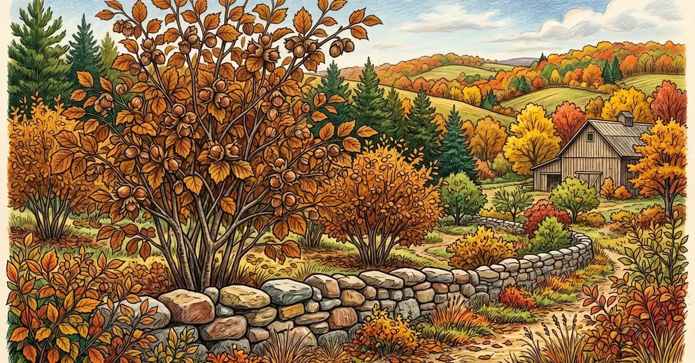 Pencil crayon illustration of a mature US hybrid hazelnut food forest in late autumn with cracked husks and rolling Wisconsin hills