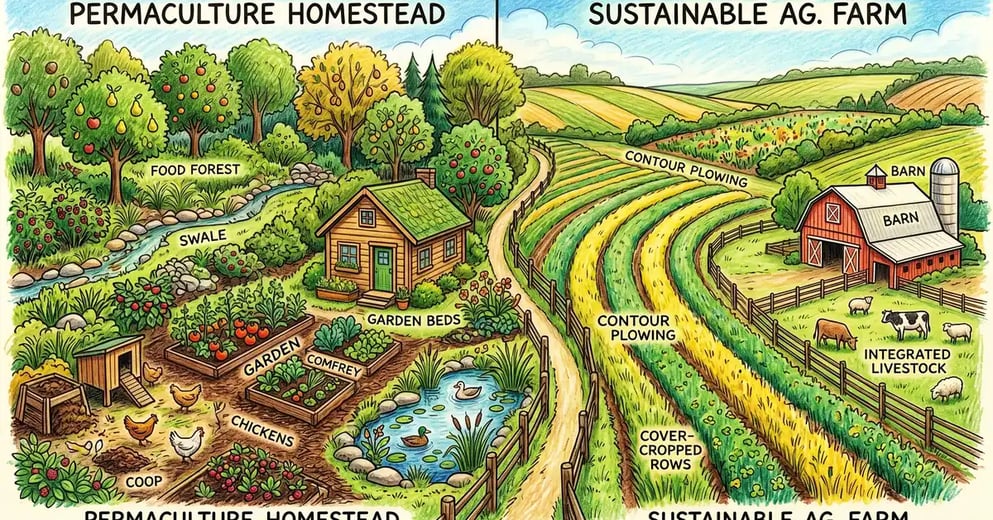 Pencil crayon side-by-side illustration of a permaculture homestead with food forest and swale versus a sustainable agriculture farm with cover-cropped rows