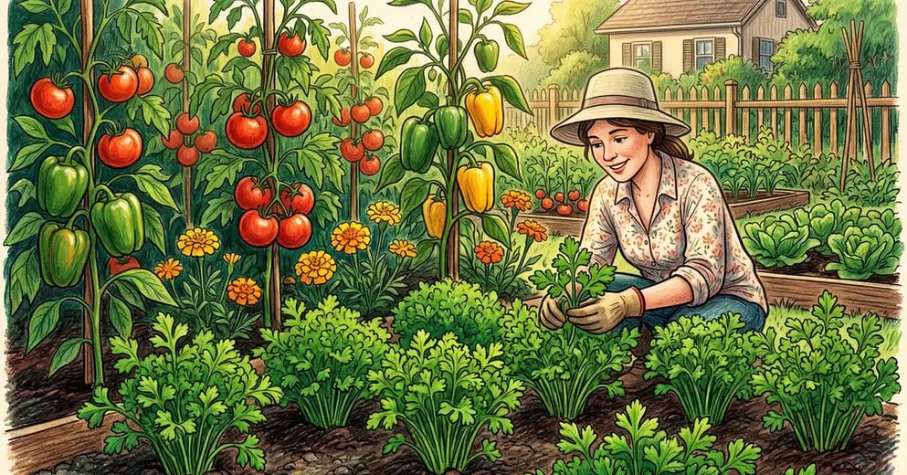 Pencil crayon illustration of a US backyard vegetable garden with parsley companion planted next to tomatoes peppers and marigolds