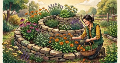 Pencil crayon illustration of a US permaculture medicinal herb garden in the form of a stone herb spiral with calendula echinacea chamomile lavender thyme sage and yarrow