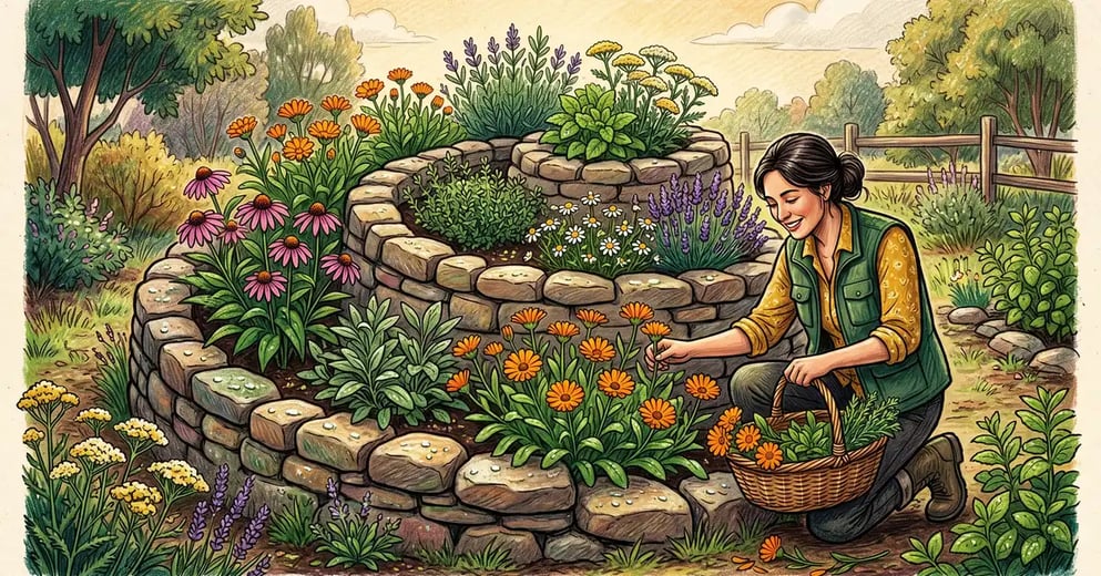 Pencil crayon illustration of a US permaculture medicinal herb garden in the form of a stone herb spiral with calendula echinacea chamomile lavender thyme sage and yarrow