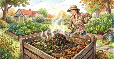 Home gardener turning a steaming Berkeley method hot compost pile with a garden fork in a backyard vegetable garden