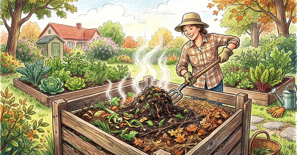 Home gardener turning a steaming Berkeley method hot compost pile with a garden fork in a backyard vegetable garden
