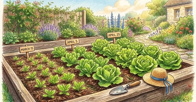 Succession planting garden bed in pencil-crayon style showing lettuce, radish, and bean seedlings at staggered growth stages