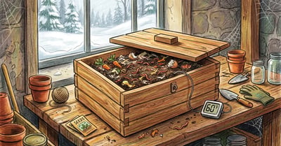 Wooden worm composting bin on a basement workbench in winter with a digital thermometer showing 60 degrees F and snow visible through a basement window, pencil crayon illustration