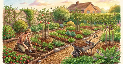 A young backyard permaculture food forest in its first year with staked fruit tree saplings, mulch, vegetables, and support plants