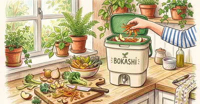 Pencil-crayon illustration of a bokashi composting bucket with kitchen food scraps and fermented organic matter in a garden setting