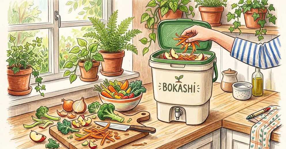 Pencil-crayon illustration of a bokashi composting bucket with kitchen food scraps and fermented organic matter in a garden setting