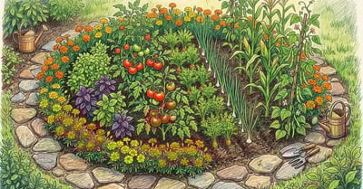 Overhead view of a vibrant companion-planted vegetable garden with tomatoes, basil, marigolds, carrots, onions, and bean vines climbing corn stalks in warm pencil-crayon illustration style