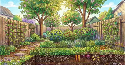 Pencil-crayon illustration of a lush food forest showing all seven vertical layers from canopy to root zone in a small backyard garden