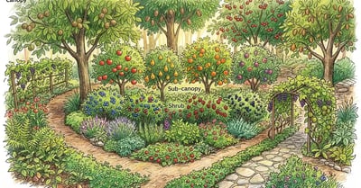 Overhead view of a mature food forest garden showing seven productive layers from canopy fruit trees to ground cover plants in pencil-crayon illustration style