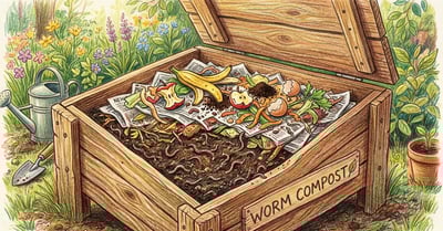 Red wiggler worms working through rich vermicompost in a worm bin, pencil-crayon illustration