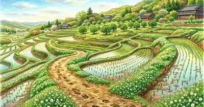 Japanese terraced rice paddies with white clover ground cover and citrus trees, illustrating Masanobu Fukuoka's natural farming landscape