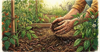 Gardener's hands crumbling rich dark compost and organic fertilizer onto a vegetable garden bed with visible earthworms and healthy tomato plants