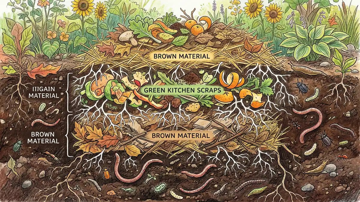 Cross-section of a layered compost pile showing brown and green materials with earthworms and fungi
