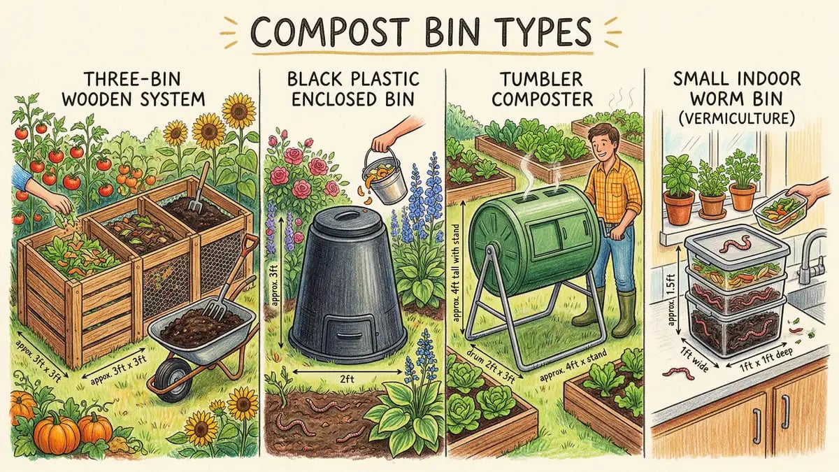 Comparison of four compost bin types including three-bin wooden system tumbler and worm bin