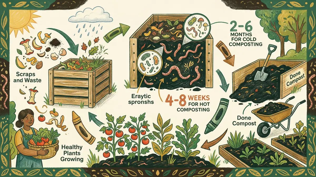 Infographic showing the composting nutrient cycle from kitchen scraps to finished compost to garden