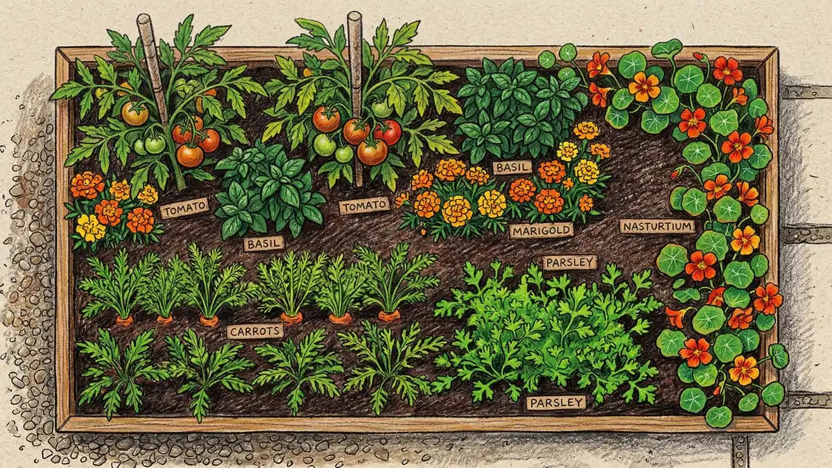 Overhead view of a companion planted garden bed with tomatoes basil marigolds and carrots