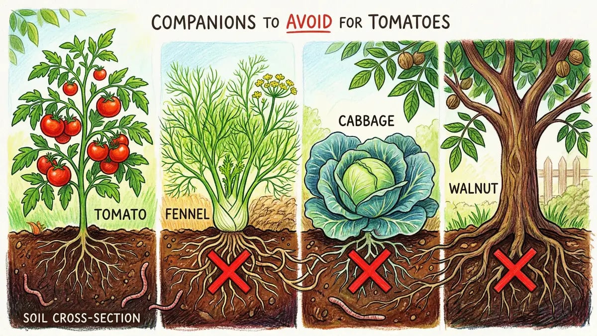 Illustration of plants incompatible with tomatoes including fennel cabbage and walnut tree