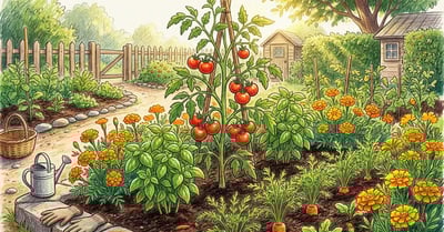 Pencil-crayon illustration of companion planting with tomatoes surrounded by basil, marigolds, and carrots in a raised garden bed
