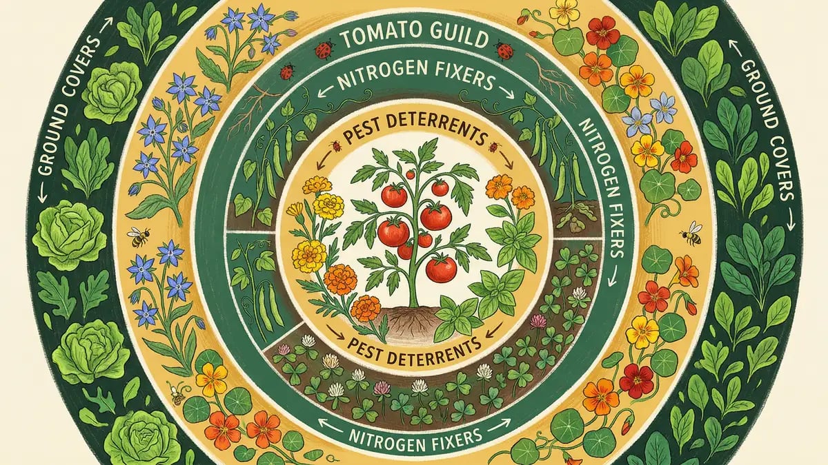 Infographic showing a tomato companion planting guild with plants organized by function