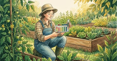 Pencil-crayon illustration of a gardener testing soil pH in a vegetable bed with a meter