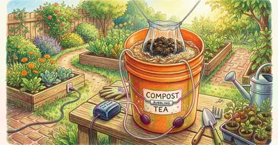 5-gallon bucket compost tea brewer in a sunny backyard garden with aquarium air pump bubbling water turning amber-brown from dark compost