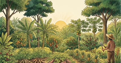 Pencil-crayon illustration of a multi-layered syntropic farm at sunrise with banana, cocoa, and emergent hardwood trees
