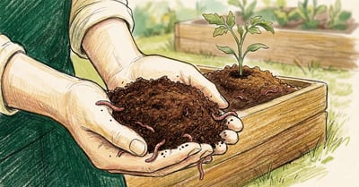 Pencil crayon illustration of dark rich worm castings vermicompost in gardener's hands beside a thriving vegetable garden bed