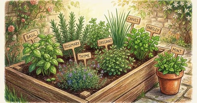 Herb garden with rosemary thyme basil parsley and chives arranged by water needs in pencil crayon illustration style