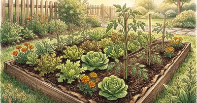Lush no-dig vegetable garden bed in spring with lettuce, tomato seedlings, and marigolds growing in dark composted mulch