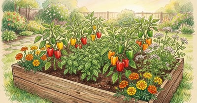 Sunlit raised garden bed with bell pepper plants surrounded by basil, French marigolds, onions, and flowering cilantro in pencil-crayon illustration style